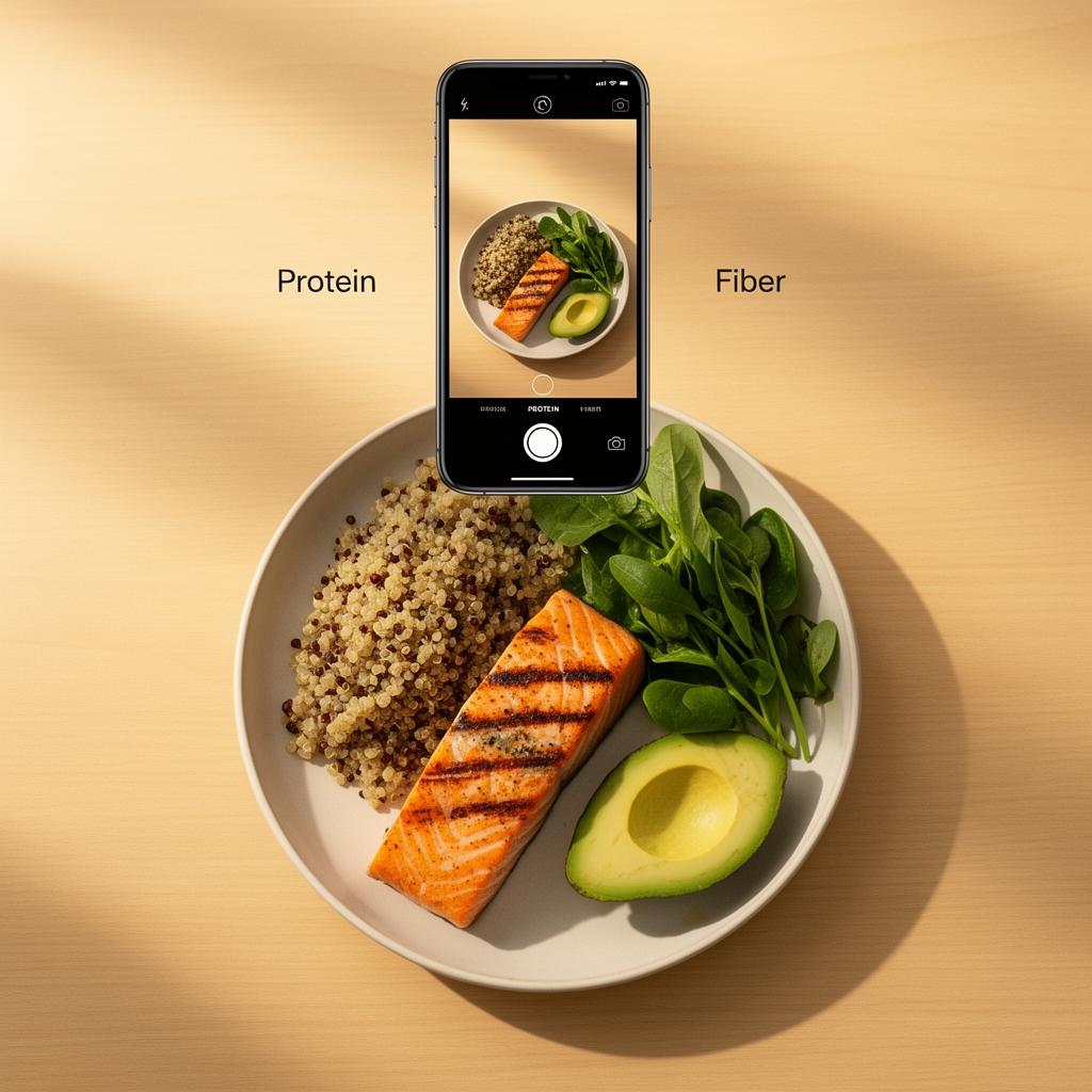 Example: snapping a photo of a plated meal with protein and fiber labels